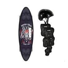 Patineta Tipo Penny Corte Surf Skateboard Estampada Con Ruedas Luz Led + Casco juvenil y protecciones Rodilleras, Muñequeras y coderas - Negro - Ver 1
