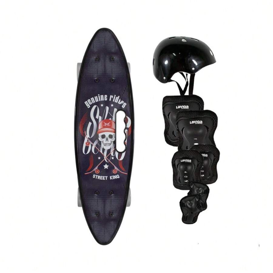 Patineta Tipo Penny Corte Surf Skateboard Estampada Con Ruedas Luz Led + Casco juvenil y protecciones Rodilleras, Muñequeras y coderas - Negro - Ver 1