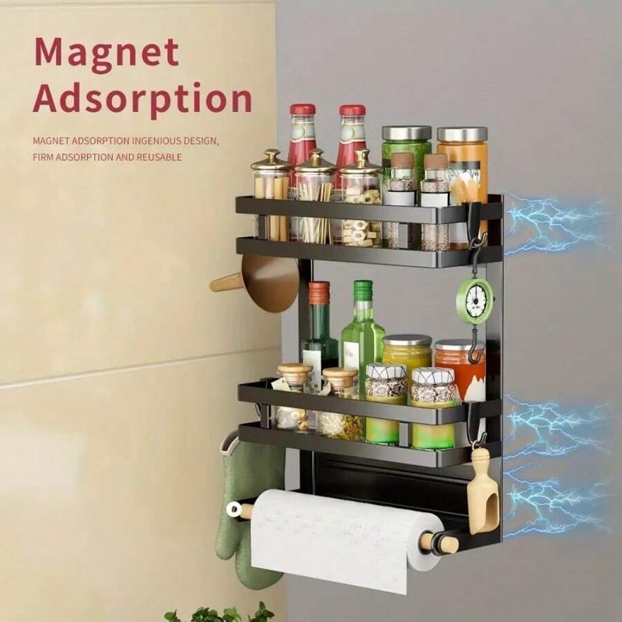 Strong Magnetic Refrigerator Shelf, Paper Towel Holder With Rack And Hooks, Suitable For Kitchen, Fridge, Freezer - Black - View 1