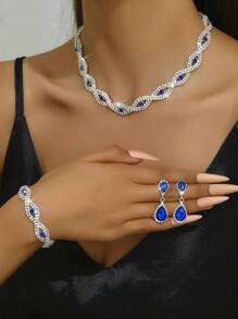 European And American Rope-Design Bridal Jewelry Set With Necklace, Bracelet, Earrings For Women's Evening Dress - Blue - View 1