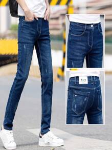 Manfinity Homme Pantalón Skinny de Mezclilla Stretch para Hombre, Hombres Jeans ajustados con rasguños de gato algodón desgarro crudo - Azul lavado medio - Ver 3