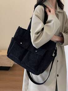 女士简约多口袋大容量单肩包，休闲百搭灯芯绒单肩手提包，轻便可折叠拉链开合，适合日常使用、通勤、学校、大学 - 黑色 - 查看 5