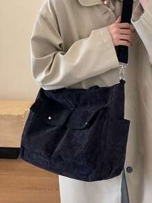 女士简约多口袋大容量单肩包，休闲百搭灯芯绒单肩手提包，轻便可折叠拉链开合，适合日常使用、通勤、学校、大学 - 黑色 - 查看 4