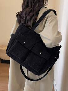 女士简约多口袋大容量单肩包，休闲百搭灯芯绒单肩手提包，轻便可折叠拉链开合，适合日常使用、通勤、学校、大学 - 黑色 - 查看 3