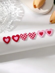 1card/3pairs Valentine's Day Gift For Women - Romantic & Sexy Heart & Checkerboard Pattern Pink Color Heart Shape Acrylic Earrings With Ceramic Texture Stud Earrings Valentines,Mom,Mother,Mother's Day,Gift