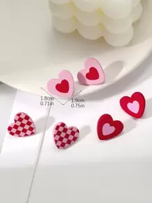 1card/3pairs Valentine's Day Gift For Women - Romantic & Sexy Heart & Checkerboard Pattern Pink Color Heart Shape Acrylic Earrings With Ceramic Texture Stud Earrings Valentines,Mom,Mother,Mother's Day,Gift