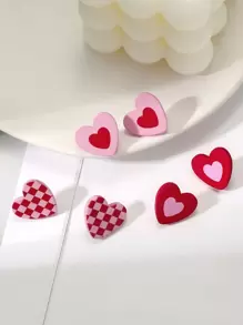 1card/3pairs Valentine's Day Gift For Women - Romantic & Sexy Heart & Checkerboard Pattern Pink Color Heart Shape Acrylic Earrings With Ceramic Texture Stud Earrings Valentines,Mom,Mother,Mother's Day,Gift