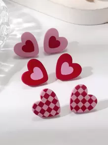 1card/3pairs Valentine's Day Gift For Women - Romantic & Sexy Heart & Checkerboard Pattern Pink Color Heart Shape Acrylic Earrings With Ceramic Texture Stud Earrings Valentines,Mom,Mother,Mother's Day,Gift