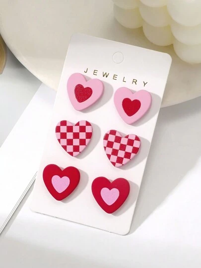 1card/3pairs Valentine's Day Gift For Women - Romantic & Sexy Heart & Checkerboard Pattern Pink Color Heart Shape Acrylic Earrings With Ceramic Texture Stud Earrings Valentines,Mom,Mother,Mother's Day,Gift