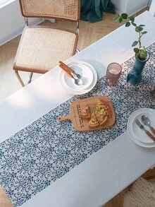 1入組新中式復古拼接兩用桌布,波希米亞風格滌綸纖維(長方形流蘇裝飾餐桌布,適用於餐桌、野餐、派對、四季家居使用) - 藍色 - 查看 8