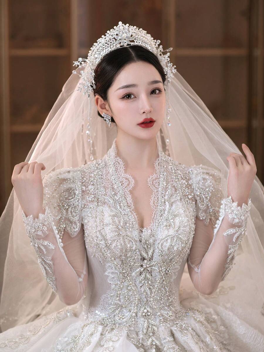 1pc Fashionable Crystal Flower Decor Crown Headpiece, Bridal & Wedding & Prom & Birthday Princess Crown - Multicolor - View 1