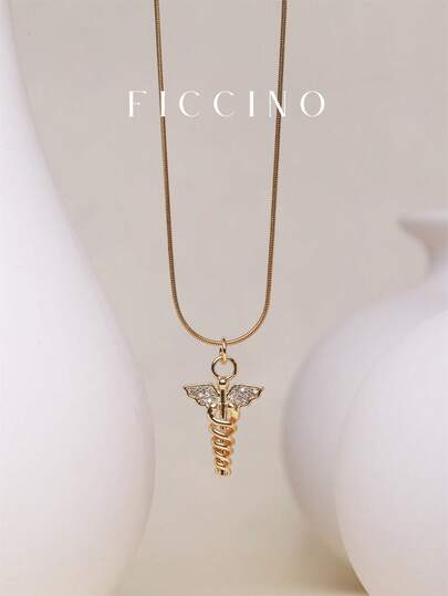  FICCINO 神话水星权杖吊坠，镀金镶嵌立方氧化锆，钛钢镀金蛇形链项链，百搭日常佩戴项链，节日和周年纪念日礼盒包装