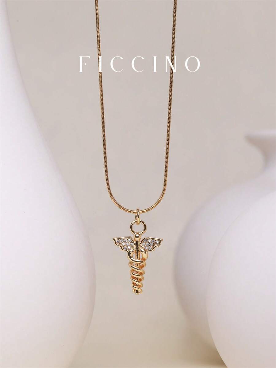 FICCINO 神话水星权杖吊坠，镀金镶嵌立方氧化锆，钛钢镀金蛇形链项链，百搭日常佩戴项链，节日和周年纪念日礼盒包装 - 110n - 查看 1