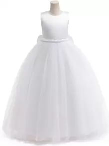 少女白色优雅仿珍珠蝴蝶结薄纱长裙，公主裙，花童婚礼礼服，晚礼服，生日派对，舞会，度假，复活节 - 白色 - 查看 7