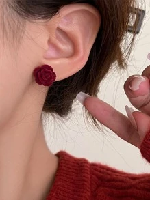 topshiny 1pair Velvet Stud Earrings With Tassel And Red Rose Design, Luxurious And Elegant Ear Accessory For Women Valentines,Mom,Mother,Mother's Day,Gift - Red - View 4