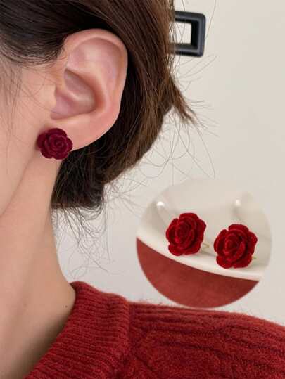 topshiny 1pair Velvet Stud Earrings With Tassel And Red Rose Design, Luxurious And Elegant Ear Accessory For Women Valentines,Mom,Mother,Mother's Day,Gift