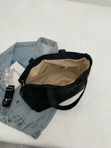 女士简约多口袋大容量单肩包，休闲百搭灯芯绒单肩手提包，轻便可折叠拉链开合，适合日常使用、通勤、学校、大学 - 黑色 - 查看 7