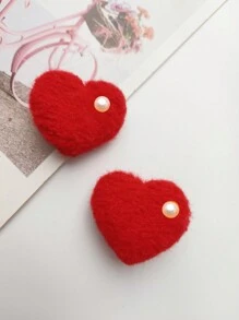 2入組女孩髮夾套裝,母女禮物,毛毛球珍珠心形夾邊髮夾,甜美可愛女孩髮飾 - 紅色 - 查看 1