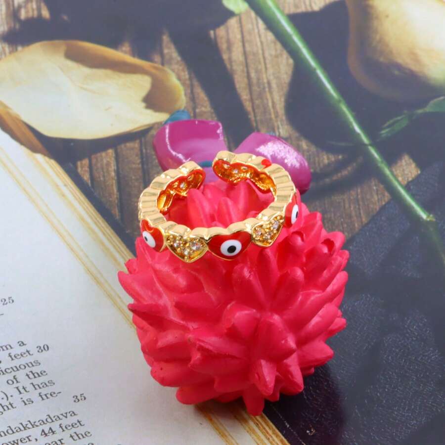 Anillo Ojo Turco Oro Laminado Corazones Lisos - Rojo - Ver 1