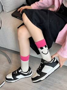 2pairs/Set Unisex Fashionable Big Eye & Smiling Face Design Warm Mid-Calf Socks For Couples, Suitable For Valentine'S Day Gift - Multicolor - View 6
