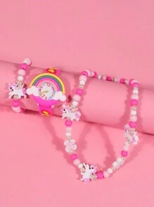 1pc New Pink Rainbow Watch Band + 1pc Cartoon Unicorn Bracelet + 1pc Cartoon Unicorn Pendant Necklace, Suitable For Daily Decoration And Children'S Birthday Gift Set - Pink - View 2