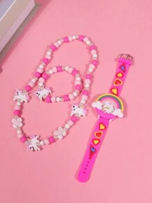 1pc New Pink Rainbow Watch Band + 1pc Cartoon Unicorn Bracelet + 1pc Cartoon Unicorn Pendant Necklace, Suitable For Daily Decoration And Children'S Birthday Gift Set - Pink - View 3