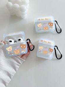 1入組卡通熊印花透明噴沙方形耳機盒，帶掛勾，適用於蘋果Airpods - 彩色 - 查看 3