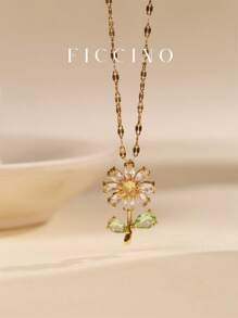 Ficcino小巧雛菊鍍金立體氧化鋯吊墜項鍊,鈦鋼鍍金女士紫外線鏈項鍊,日常可愛風格,節日贈禮附贈盒子 - 617n - 查看 1