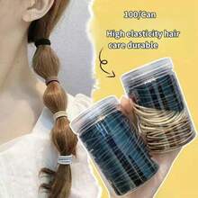 1pc Solid Color Basic Hair Ties With 100pcs Rubber Bands Container, Simple Style, And Suitable For Women Daily Use - Macaron Color Canned 100 Pieces - View 2