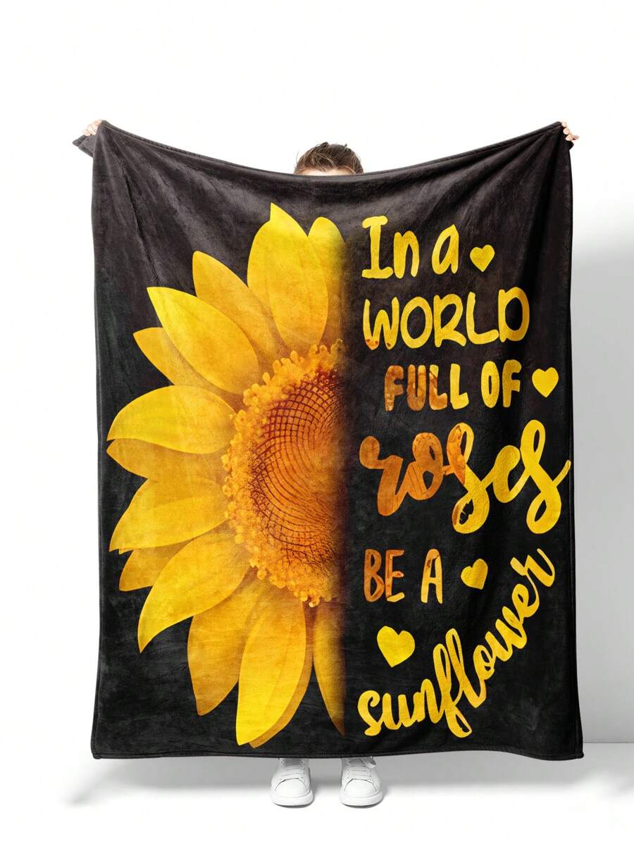 1 件簡單向日葵印花高級禮品法蘭絨毛毯,休閒風格,柔軟溫暖,適合午睡、寵物、旅行、客廳沙發,四季皆宜 - 彩色 - 查看 1