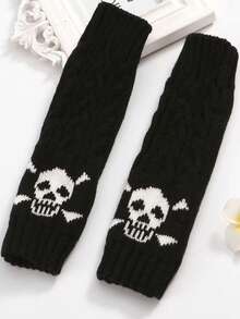 1雙黑白色針織無指手套套配襪,冬季保暖通用臂套 - 黑色 - 查看 2