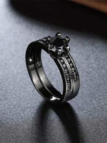 1 件/2 件魅力情侣戒指浪漫女士黑色水钻 CZ 戒指套装时尚男士不锈钢戒指结婚戒指珠宝情侣礼物