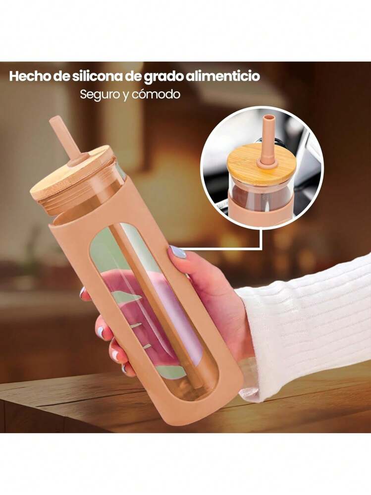 Vaso Térmico de Vidrio con Popote de Silicona, Funda Protectora, 20 Oz (600 ml). ¡Para bebidas Calientes o Frías, con Tapa de Bambú, reutilizable y boquilla ancha!" - Caqui - Añade 6