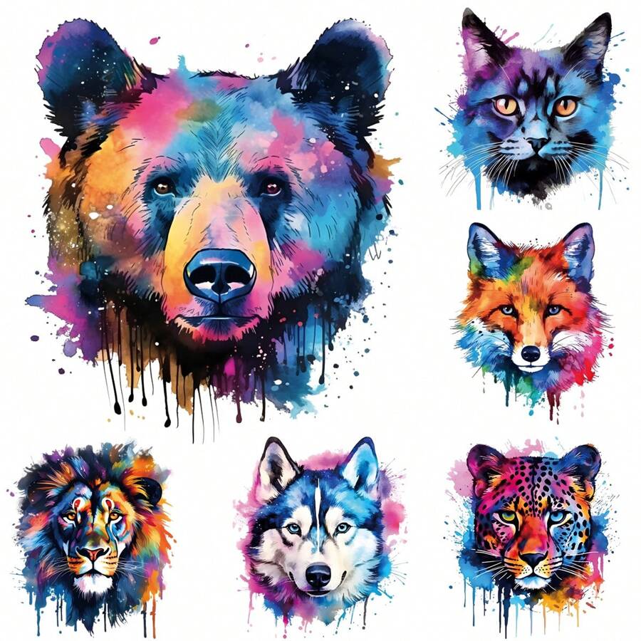6pcs Watercolor Animal Cartoon Stickers For Clothing & Jackets Diy Decoration Embroidered Patches, Lion, Panda, Husky, Leopard, Fox Cute Pattern - 6 Pcs Mix - View 1