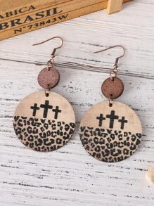 1對女性復古西部風格豹紋十字雙圓墜飾耳環,木製雙面設計 - 彩色 - 查看 2