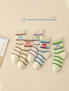 5pairs/Pack Random Fashionable Boys' Mid-Calf Socks For Autumn And Winter, Colorful Striped Breathable Socks For Casual And Sports Activities - Multicolor - View 2