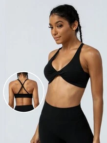Women's Ruched Sports Bra With Removable Pads For Yoga - Black - View 2