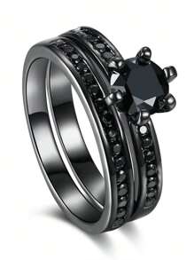 1 件/2 件魅力情侣戒指浪漫女士黑色水钻 CZ 戒指套装时尚男士不锈钢戒指结婚戒指珠宝情侣礼物