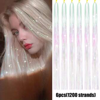 6入組（共1200根）閃亮的耐熱髮絲,多彩顏色36英寸 / 48英寸閃亮仙女頭飾,非常適合聖誕新年萬聖節或cosplay派對。女性和女孩的髮飾