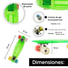 Patineta de Plástico Transparente Skateboard Corte Cruiser Mini Luz Led en Ruedas Patinete Monopatin Juvenil + Casco con protecciones Rodilleras, muñequeras y coderas - Verde - Ver 3