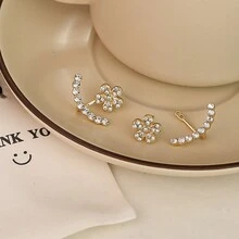 1pair Elegant & Flower Shaped Rhinestone Decor Earrings With Unique Design - Gold - View 3