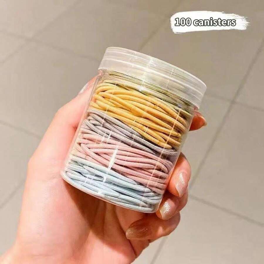 1pc Solid Color Basic Hair Ties With 100pcs Rubber Bands Container, Simple Style, And Suitable For Women Daily Use - Macaron Color Canned 100 Pieces - View 1