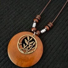 新時尚復古木製和合金葉子造型長吊墜項鍊,適合女性毛衣鏈,1件裝 - 紅木色 - 查看 3