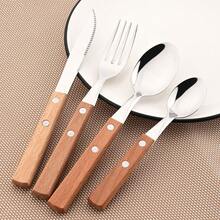 Knife Fork Teaspoon With Wooden Handle 304 Stainless Steel Cutlery Set 24Pcs Tableware Mirror Dinnerware Home Flatware Kitchen - Champagne - View 2