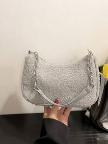 Fashion Solid Color Velour Zipper Closure Minimalist Chain Shoulder Bag - Grey - View 3