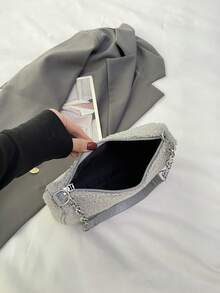 Fashion Solid Color Velour Zipper Closure Minimalist Chain Shoulder Bag - Grey - View 5