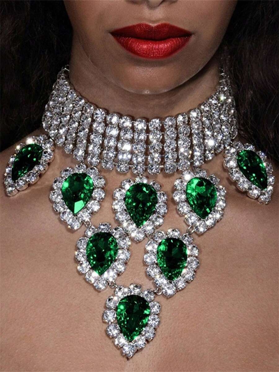 1pc Fashionable Rhinestone Necklace, Sexy Women's Party Jewelry - Green - View 1