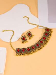 1 件简约复古红宝石装饰吊坠女士项链配红宝石耳环 - 紅色 - 查看 3