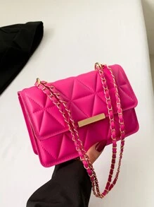 Fashion Solid Color Flap Pressed Texture Chain Crossbody Mini Bag - Hot Pink - View 2