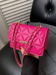 Fashion Solid Color Flap Pressed Texture Chain Crossbody Mini Bag - Hot Pink - View 6